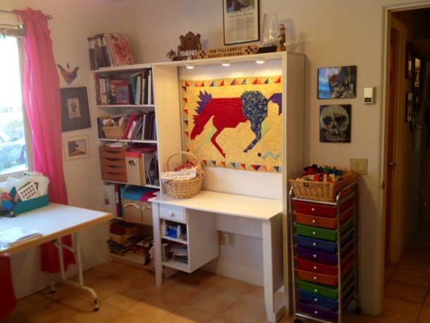 Shelves and sewing space.